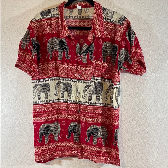 Other - Elephant Short Sleeve Button Shirt Red Made In Thailand Size Large